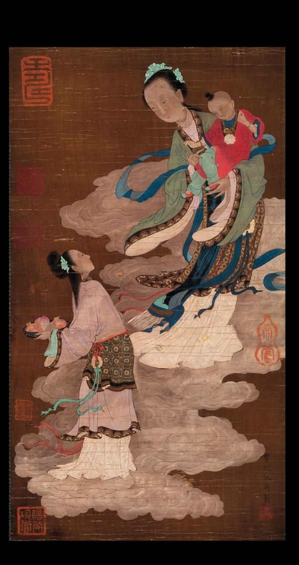Dipinto su carta raffigurante Guanyin con bambino e giovane fanciulla con doni, Cina, inizi XIX secolo