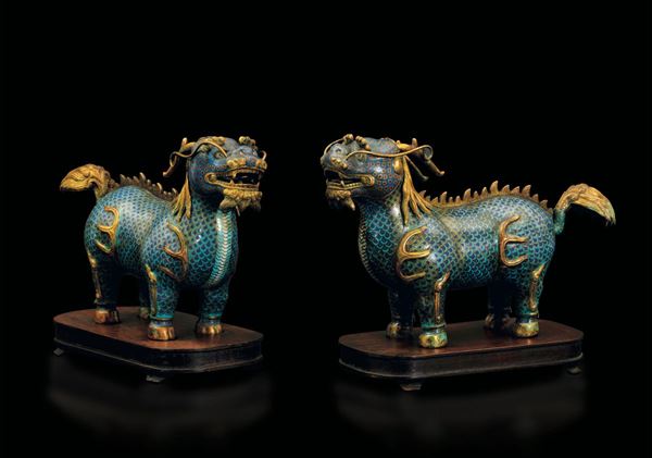 Two cloisonné enamel dragons, China, Qing Dynasty