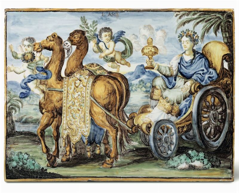Targa con allegoria dell’Asia Castelli d’Abruzzo, XVIII secolo  - Auction Majolica and Porcelain - Cambi Casa d'Aste
