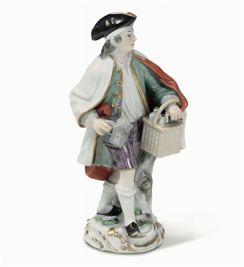 Figurina del venditore di grappa  Meissen, 1900 circa  Modello di Peter Reinike, 1753-1754  - Asta Maioliche e Porcellane - Cambi Casa d'Aste