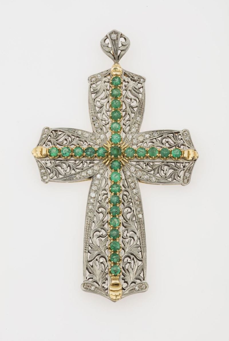 Emerald, silver and gold pendant  - Auction Timed Auction Jewels - Cambi Casa d'Aste
