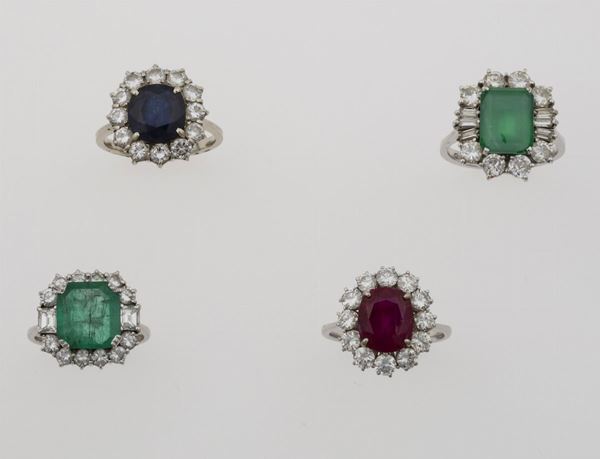 Four emerald, sapphire, ruby and diamond rings