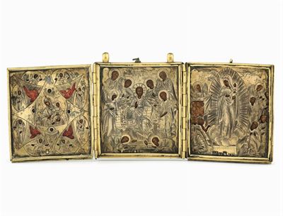 Piccolo Trittico da Viaggio in Bronzo e Argento Fuso, Sbalzato, Cesellato e Dorato Mosca 1847, Sa...
