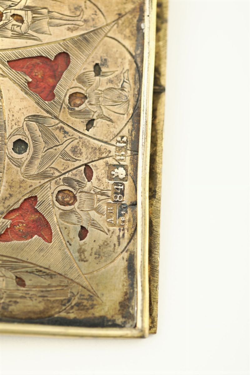 Piccolo Trittico da Viaggio in Bronzo e Argento Fuso, Sbalzato, Cesellato e Dorato Mosca 1847, Sa...