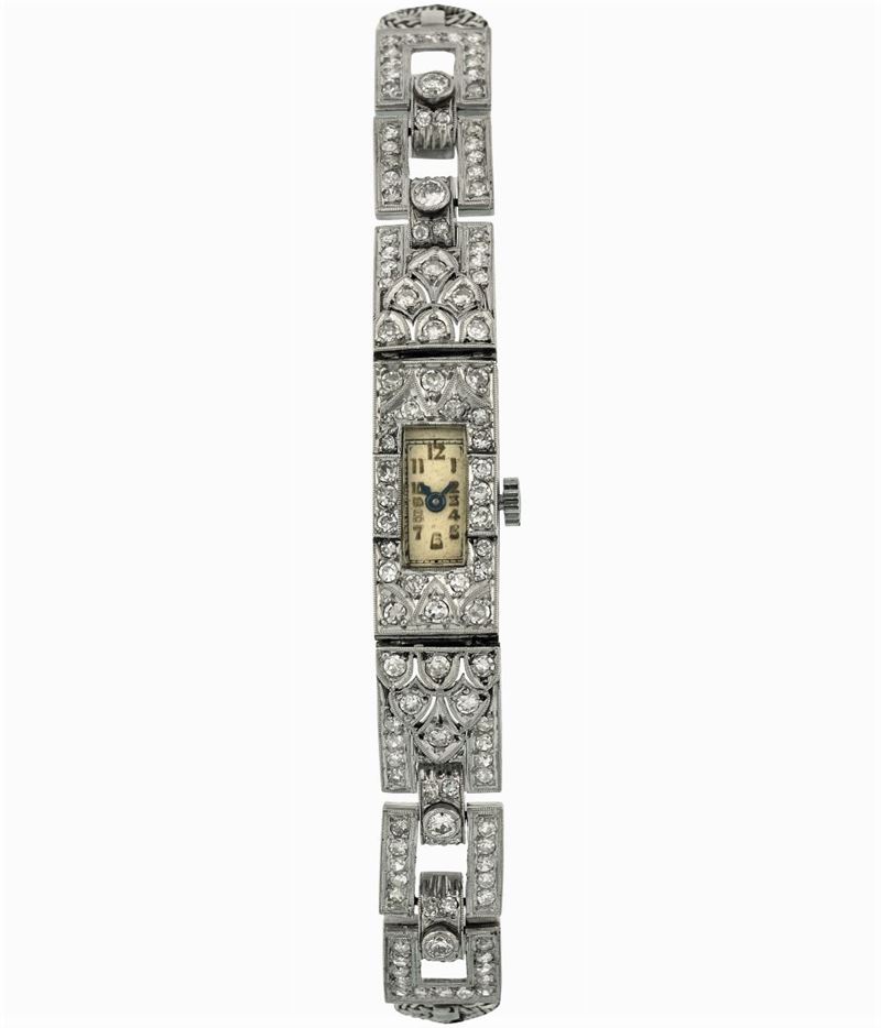 Unsigned. Fine, white gold and diamonds lady's wristwatch with gold integrated bracelet. Made circa 1920  - Auction wrist and pocket watches - Cambi Casa d'Aste