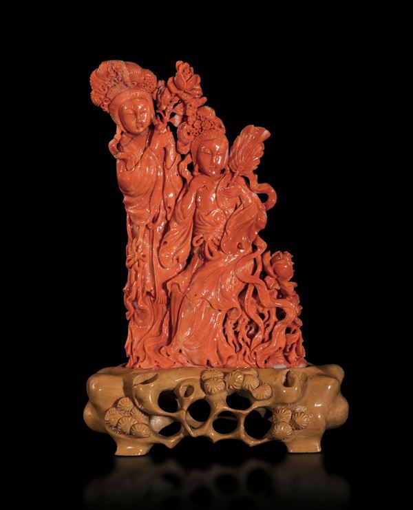Two carved coral groups, China, early 1900s