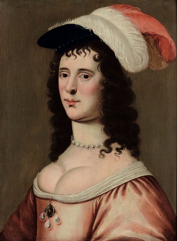 Scuola francese del XVII secolo Ritratto di dama con cappello con piume