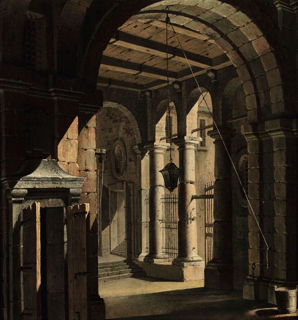Scuola bolognese del XVIII secolo Scorcio architettonico con porticato