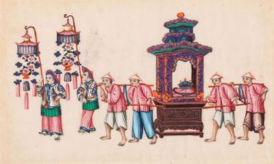 Coppia di Dipinti su Carta Raffiguranti Scene di Vita Comune con Corteo Cerimoniale, Cina, Dinast...