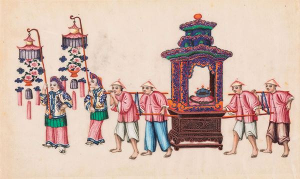 Coppia di dipinti su carta raffiguranti scene di vita comune con corteo cerimoniale, Cina, Dinastia Qing, XIX secolo