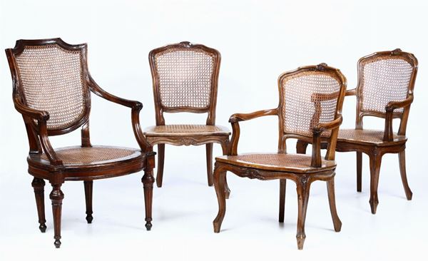 Lotto composto da una poltrona Luigi XVI, due poltrone ed una sedia Luigi XV, XVIII-XIX secolo