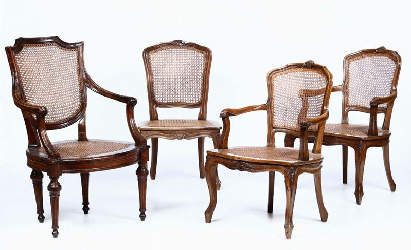 Lotto composto da una poltrona Luigi XVI, due poltrone ed una sedia Luigi XV, XVIII-XIX secolo  - Auction Furniture | Cambi Time - Cambi Casa d'Aste