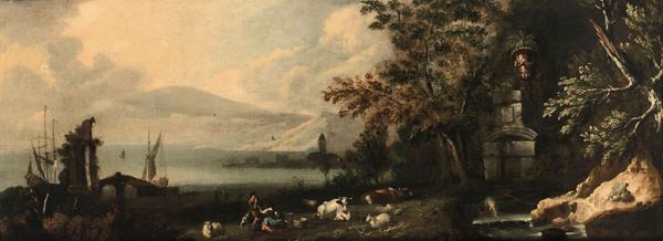 Scuola del XVIII secolo Paesaggio costiero con pastori, armenti e rovine sullo sfondo