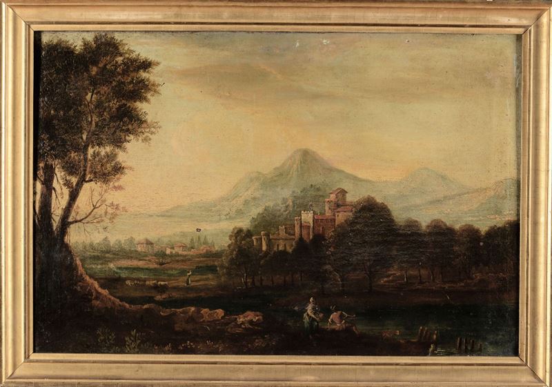Scuola del XVIII secolo Paesaggio con contadini e pastori  - Asta Antiquariato - Cambi Casa d'Aste