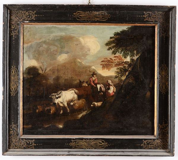Scuola fiamminga del XVIII secolo Paesaggio con pastori e armenti