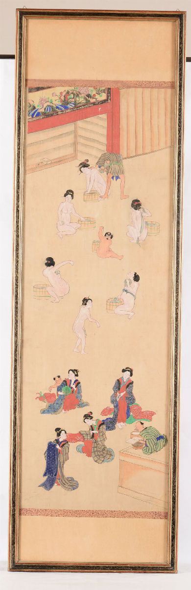 Dipinto su seta raffigurante scena di vita comune con Geishe, Giappone, periodo Meiji (1868-1912)