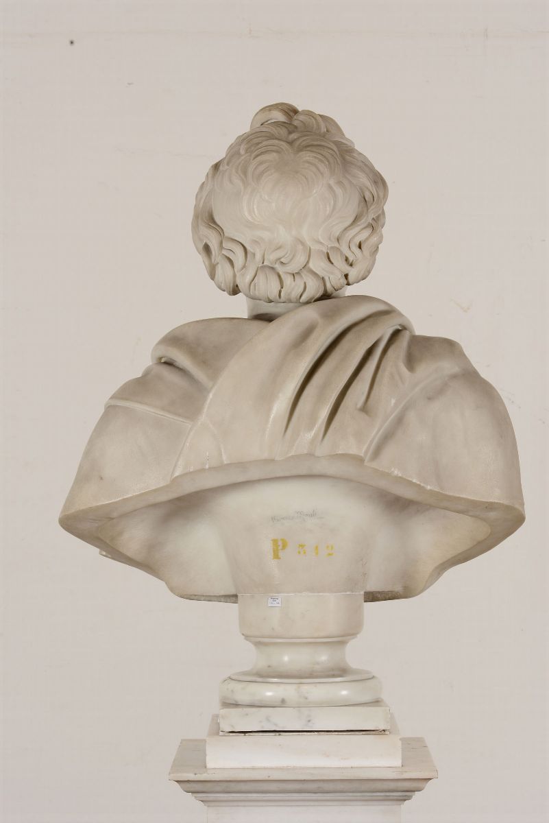 Busto di Vincenzo Monti in Marmo Bianco. Base a Colonna Squadrata in Marmo (non Coeva). Firmato P...