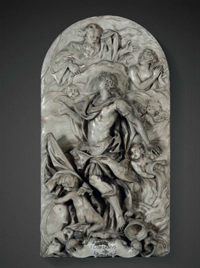 Beatificazione di San Floriano. Rilievo in Marmo Centinato, Datato 1721. Arte Barocca Veneziana. ...