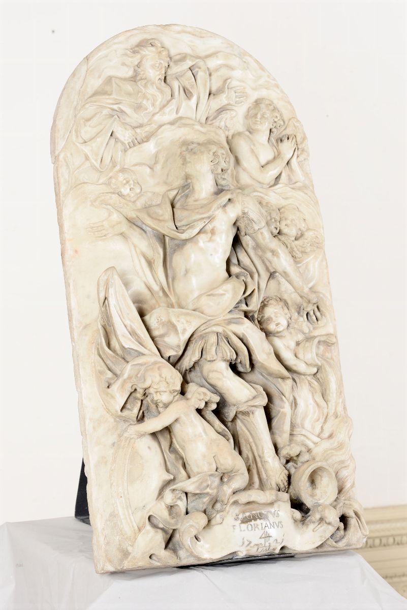Beatificazione di San Floriano. Rilievo in Marmo Centinato, Datato 1721. Arte Barocca Veneziana. ...