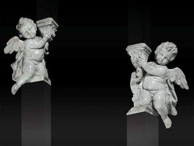 Importante Coppia di Putti Reggimensola in Marmo Bianco. Arte Barocca Italiana (genova?) del XVII...
