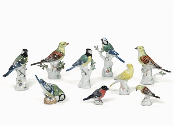 Nove figurine di uccellini Meissen, seconda metà del XX secolo