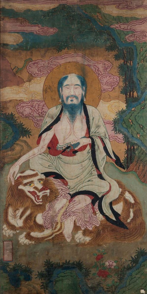 Dipinto su seta raffigurante saggio seduto su cane di Pho, Cina, Dinastia Ming, XVII secolo