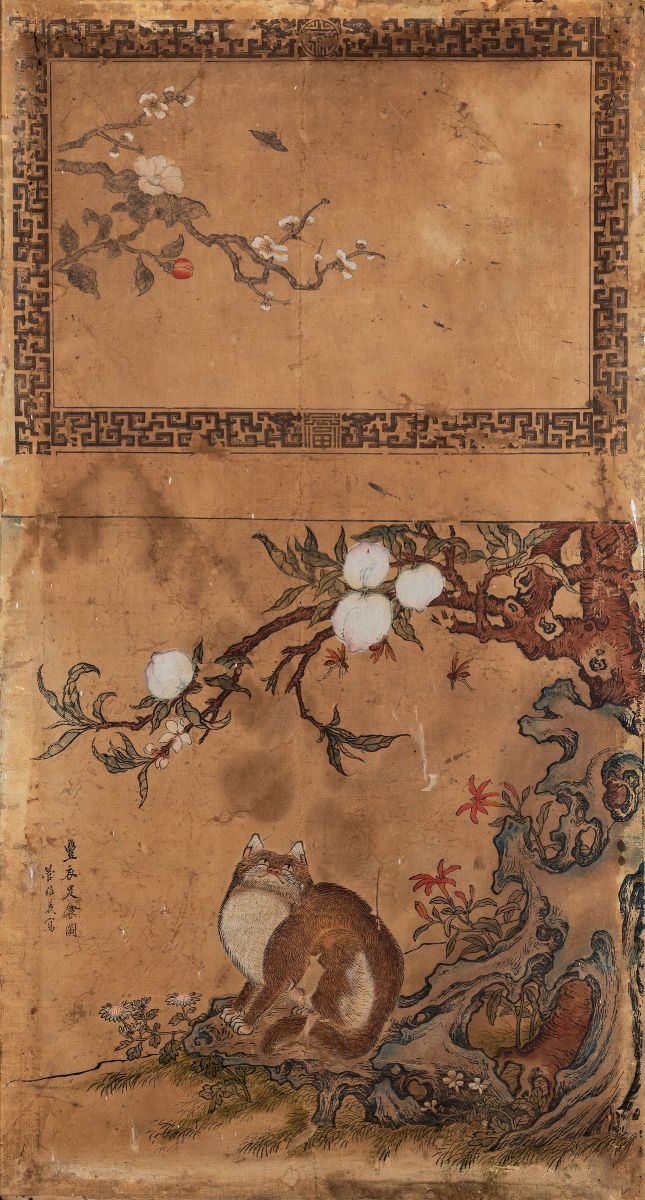Dipinto su seta raffigurante soggetto naturalistico con gatto, rami fioriti e iscrizione, Cina, Dinastia Qing, epoca Qianlong (1736-1796)  - Asta Fine Chinese Works of Art - Cambi Casa d'Aste