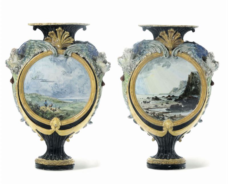 Coppia di vasi Faenza, Manifattura Banzi, verso la fine del XIX secolo  - Auction Majolica and Porcelain - Cambi Casa d'Aste