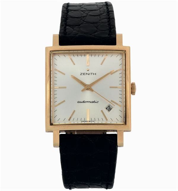 ZENITH, Elite, No.103/250, Vintage 1965.Fine and square, self-winding, 18K yellow gold wristwatch with date and original gold buckle. Made in a limited edition of 250 pieces in 2000 circa