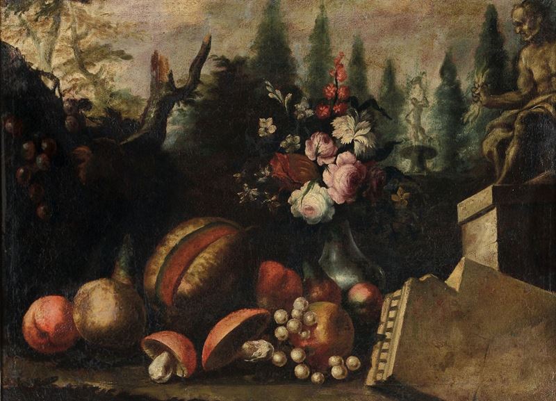 Giuseppe Lavagna (Napoli 1684-1724), cerchia di Natura morta con rovine, fiori e frutta  - Asta Dipinti Antichi - Cambi Casa d'Aste