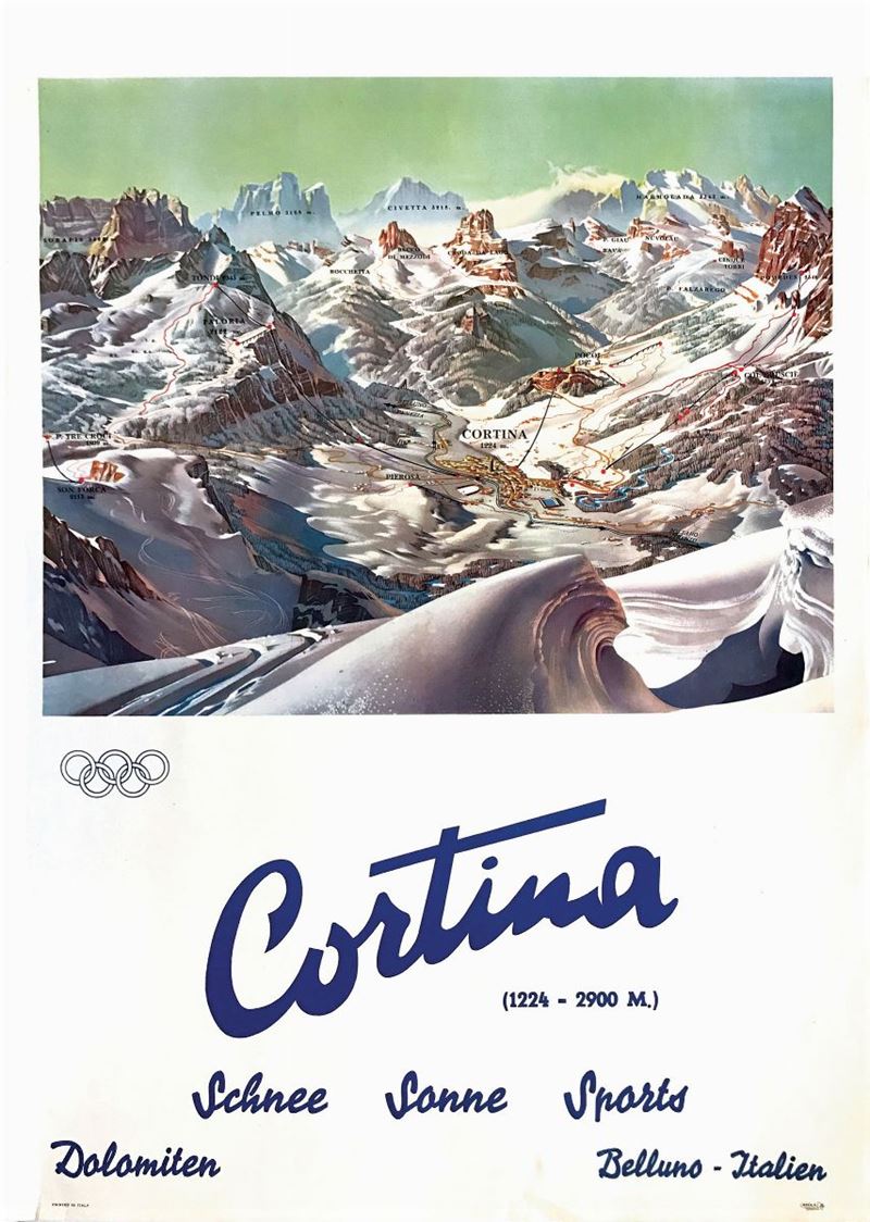 Heinrich Barann (1915-1999) CORTINA – SCHNEE-SONNE-SPORTS  - Auction Vintage Posters - Cambi Casa d'Aste