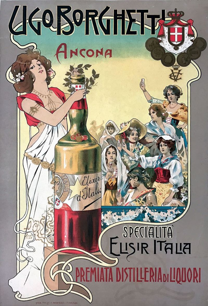 Anonimo UGO BORGHETTI ANCONA / SPECIALITA’ ELISIR ITALIA PREMIATA DISTILLERIA…  - Auction Vintage Posters - Cambi Casa d'Aste