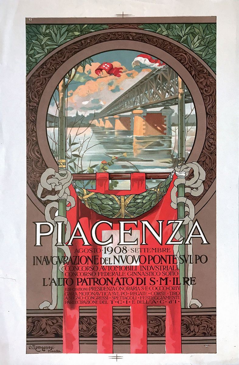 Ottorino Romagnosi (1881 - 1940) PIACENZA… INAUGURAZIONE NUOVO PONTE SUL PO  - Auction Vintage Posters - Cambi Casa d'Aste