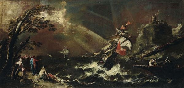 Scuola italiana del XVIII secolo Scena di naufragio con mare in tempesta