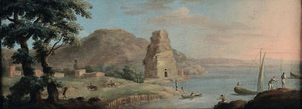 Scuola italiana del XVIII secolo Paesaggio costiero con figure e imbarcazioni