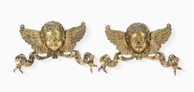 Coppia di Teste di Cherubino in Bronzo Fuso, Cesellato e Dorato, Italia XVII-XVIII Secolo