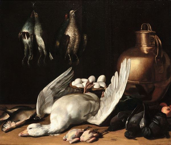 Scuola italiana del XVII secolo Natura morta con selvaggina e pesci
