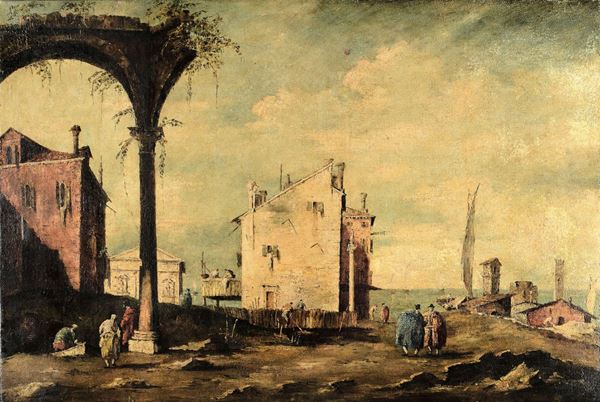 Francesco Guardi (Venezia 1712 - 1793), nei modi di Capriccio con rovine e veduta di porto