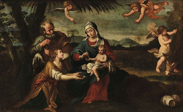 Scuola bolognese del XVII secolo Sacra Famiglia con angelo e putti