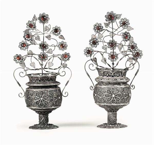 Two filigree and amber vases, mid 1800s