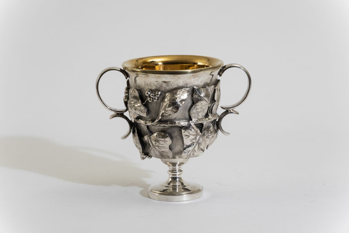 Coppa in Argento 925 Parzialmente Dorato, Fuso e Cesellato, Buccellati, Italia XX Secolo