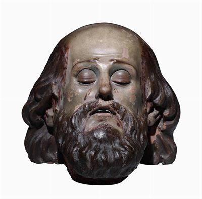 Testa di San Giovanni Decollato. Terracotta Dipinta e Vetro Colorato. Plasticatore Barocco Italia...