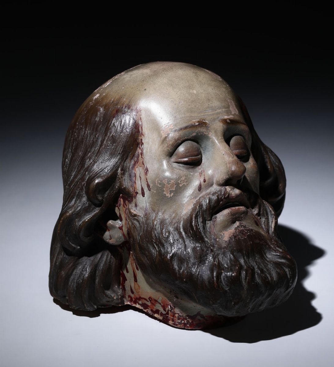 Testa di San Giovanni Decollato. Terracotta Dipinta e Vetro Colorato. Plasticatore Barocco Italia...