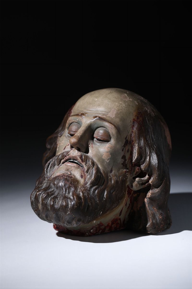 Testa di San Giovanni Decollato. Terracotta Dipinta e Vetro Colorato. Plasticatore Barocco Italia...