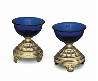 Coppia di Saliere con Base in Argento Vermeille, Vetro Genova, XIX Secolo, Bolli di Titolo e Terr...