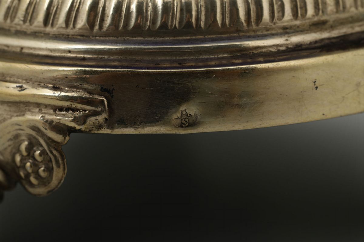Coppia di Saliere con Base in Argento Vermeille, Vetro Genova, XIX Secolo, Bolli di Titolo e Terr...
