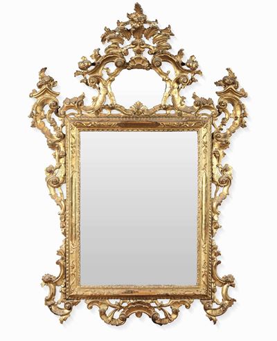 Grande Specchiera Luigi XV in Legno Intagliato e Dorato, XVIII Secolo
