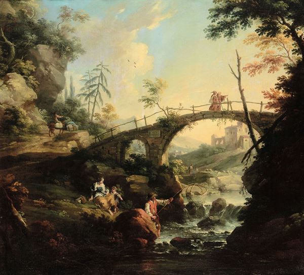 Vittorio Amedeo Cignaroli (Torino 1730-1800) Paesaggio con ponte e un pescatore
