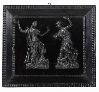 Coppia di Rilievi Raffiguranti Muse Danzanti in Bronzo Fuso, Cesellato e Patinato. (thalia e Melp...