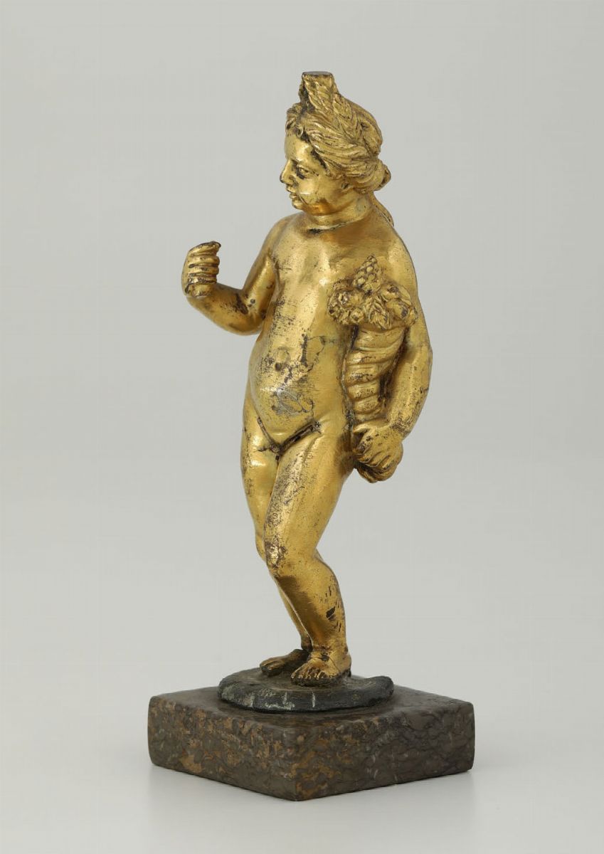 Figura di Eros con Cornucopia. Bronzo Fuso, Cesellato e Dorato. Fonditore Rinascimentale, Veneto ...